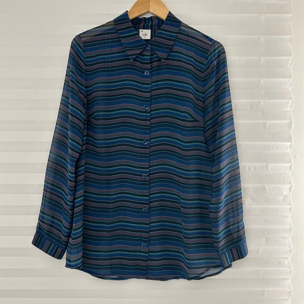 Cabi 5116 Siren Top Blue Striped‎ Sheer Split Back Button Down Blouse Womens M